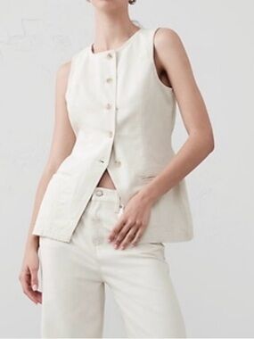 Banana Republic Long Cutaway Ivory Denim Vest Women 14 NEW 1999